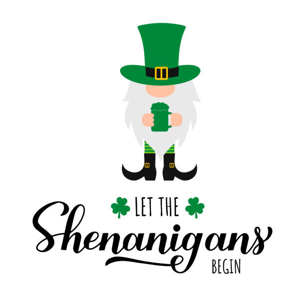 Let the shenanigans begin calligraphy hand lettering. Cute Gnome Leprechaun. Funny St. Patricks day quote.. Vector template for greeting card, poster,  banner, sticker, flyer, t-shirt, etc Let the shenanigans begin calligraphy hand lettering. Cute Gnome Leprechaun. Funny St. Patricks day quote.. Vector template for greeting card, poster,  banner, sticker, flyer, t-shirt, etc. day drinking stock illustrations