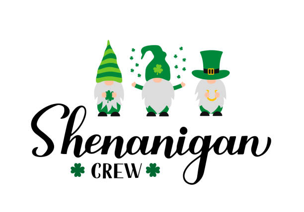 Shenanigan crew calligraphy hand lettering. Cute cartoon Gnomes. Funny St. Patricks day quote.. Vector template for greeting card, poster,  banner, sticker, flyer, t-shirt, etc Shenanigan crew calligraphy hand lettering. Cute cartoon Gnomes. Funny St. Patricks day quote.. Vector template for greeting card, poster,  banner, sticker, flyer, t-shirt, etc. day drinking stock illustrations