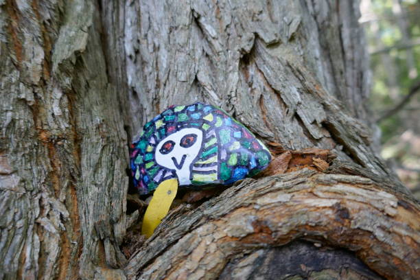 istock Kindness rock with cute alien painted on and hidden in tree 1302720647