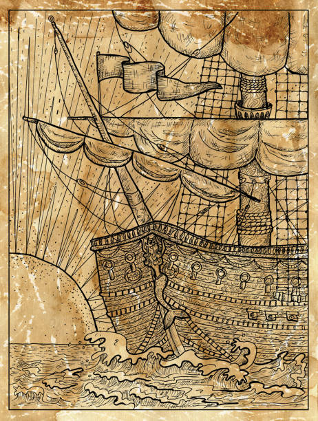 istock Textured marine illustration with old sailing ship or sailboat and rising sun. 1302720697