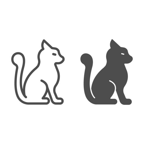 Cat With Fluffy Tail Line And Solid Icon Domestic Animals Concept