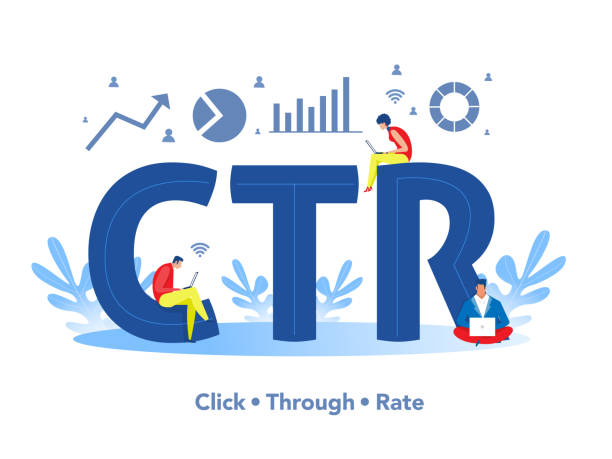 ctr을 작업하고 검토하는 팀 사람들, 큰 단어 또는 텍스트 플래그 벡터 일러스트레이터의 트로프 비율을 클릭합니�다. - 2649 stock illustrations