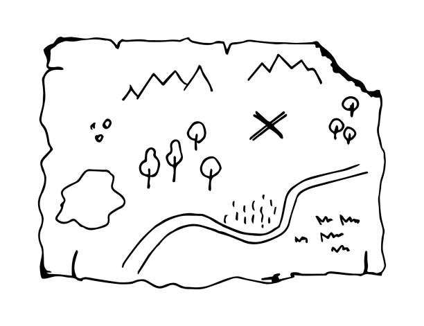 ilustrações de stock, clip art, desenhos animados e ícones de hand-drawn vector sketch with black outline. old map, terrain plan, adventure, treasure hunt. orienteering in nature. sport, travel, leisure. - orienteering