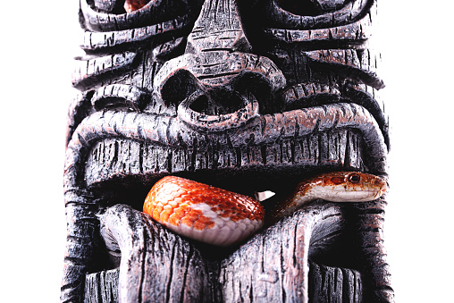 Saxman, Alaska - July 29, 2022: Tlinget totem poles, long house and traditional art.