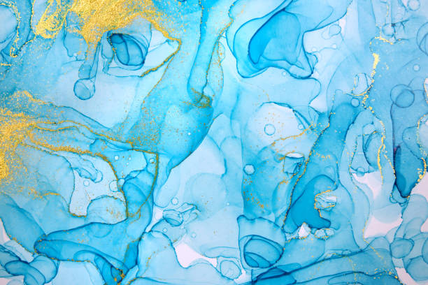 istock Alcohol ink blue transparent background. Ocean style watercolor drops texture. 1302728716