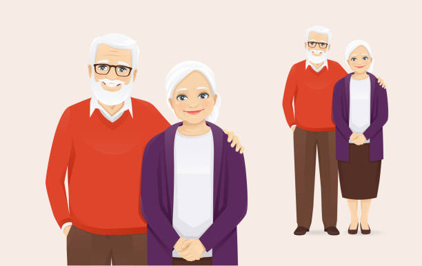 Senior couple Portrait of romantic senior couple standing. Old man and woman, grandparents isolated vector illustration. husband stock illustrations
