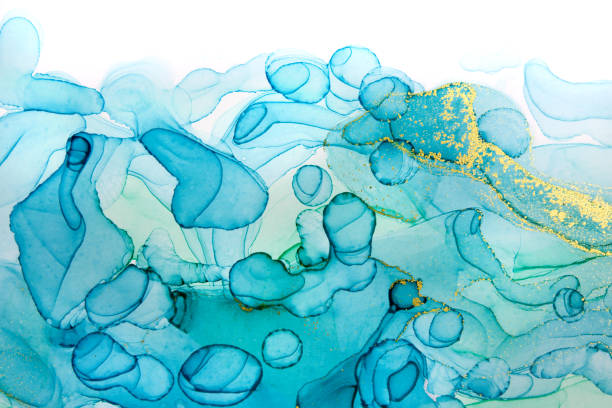 istock Transparent blue and gold watercolor drops on white background. Bubbles imitation. 1302728841