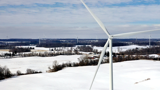 Wind farm turbines aerial view.