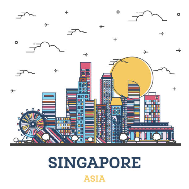 skizzieren sie singapur city skyline mit farbigen modernen gebäuden isoliert auf weiß. - singapore stock-grafiken, -clipart, -cartoons und -symbole