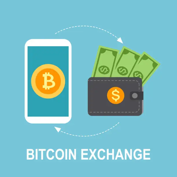 Vector illustration of Bitcoin to dollar currency exchange concept. Bitcoin on smartphone with dollar banknotes in wallet in flat design.