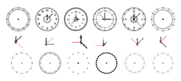 Clock face. Vintage and modern watch dial with decorative and minimal arrows. Roman or Arabic numerals and pointers. Contour chronometers design templates kit. Vector timepiece set Clock face. Vintage and modern watch dial with decorative and minimal arrows. Roman or Arabic numerals and measurement pointers. Contour chronometers design templates kit. Vector round timepiece set clock borders stock illustrations