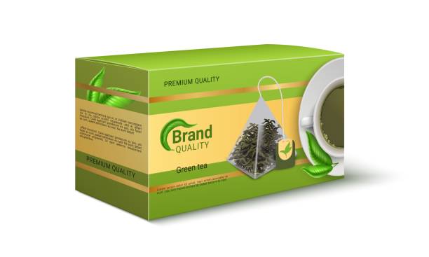 ilustrações de stock, clip art, desenhos animados e ícones de packaging of green tea. realistic product pack design. brand identity template with copy space. pyramid bags for dried leaves. premium quality merchandise. vector cardboard container - teabag label blank isolated