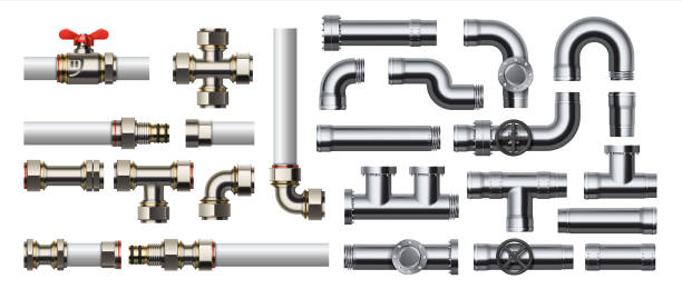 metall-pipeline. realistische industrieleitung mit anschlüssen und ventilen. 3d-edelstahl- oder kunststoffrohre für wasser und gas. rohr-bau-kit. vector engineering sanitärsystem - shiny pipe metal tube stock-grafiken, -clipart, -cartoons und -symbole