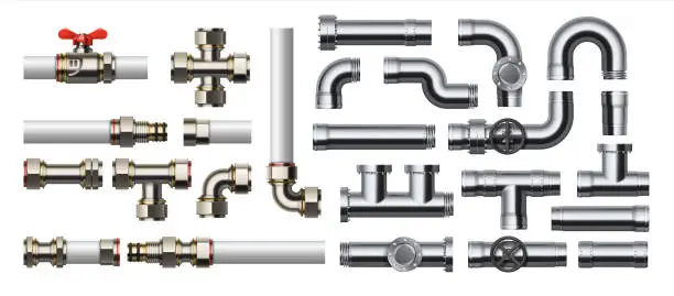 Vector illustration of Metal pipeline. Realistic industrial conduit with connections and valves. 3D stainless steel or plastic tubes for water and gas. Pipe construction kit. Vector engineering plumbing system