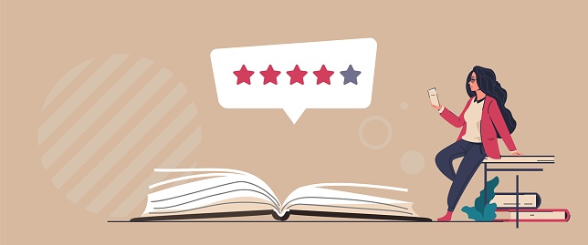 Book review. Reader feedback. Online service for analysis and comments about publications. Literature rating concept. People read and share opinions about stories or novels. Vector literary critic
