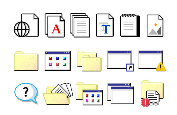 Old computer icons. Retro pixel signs. Yellow folders and white sheets of documents. Isolated nostalgic set. Data storage, information organization. Vector flat style electronic symbols Old computer icons. Retro pixel signs. Yellow folders of files and white sheets of documents. Isolated flat style nostalgic set. Data storage, information organization. Vector electronic symbols desktop pc stock illustrations
