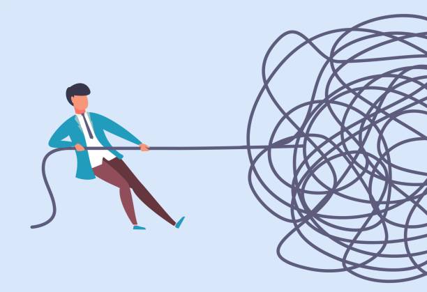 Businessman pulls rope. Complex problem solving concept. Find start at challenge analysis. Complicated situation. Cartoon character yanking on end of cable. Vector metaphor illustration Businessman pulls rope. Complex problem solving concept. Rationally find start at challenge analysis. Complicated situation. Cartoon man yanking on end of tangled cable. Vector metaphor illustration cable mess stock illustrations
