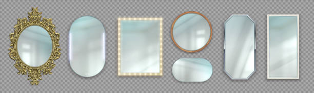 사실적인 거울. 3d 원형 및 직사각형 반사 표면. 현대 또는 클래식 및 빈티지 프레임. 전구가 있는 프레임워크입니다. 투명한 배경에 설정된 벡터 인테리어 가구 - geometric shape transparent backgrounds glass stock illustrations