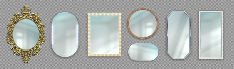 Realistic mirrors. 3D round and rectangular reflective surfaces. Modern or classic and vintage frames. Framework with bulbs. Vector interior furniture set on transparent background