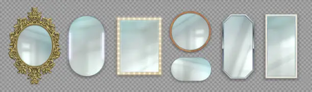 Vector illustration of Realistic mirrors. 3D round and rectangular reflective surfaces. Modern or classic and vintage frames. Framework with bulbs. Vector interior furniture set on transparent background