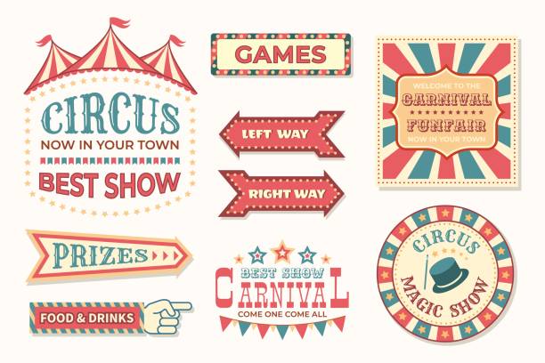 ilustrações de stock, clip art, desenhos animados e ícones de circus vintage banner. carnival retro signs. collection of stylized pointers. signboards and posters for festival. old-fashioned billboards for fair cafe and festive show, vector set - carnival