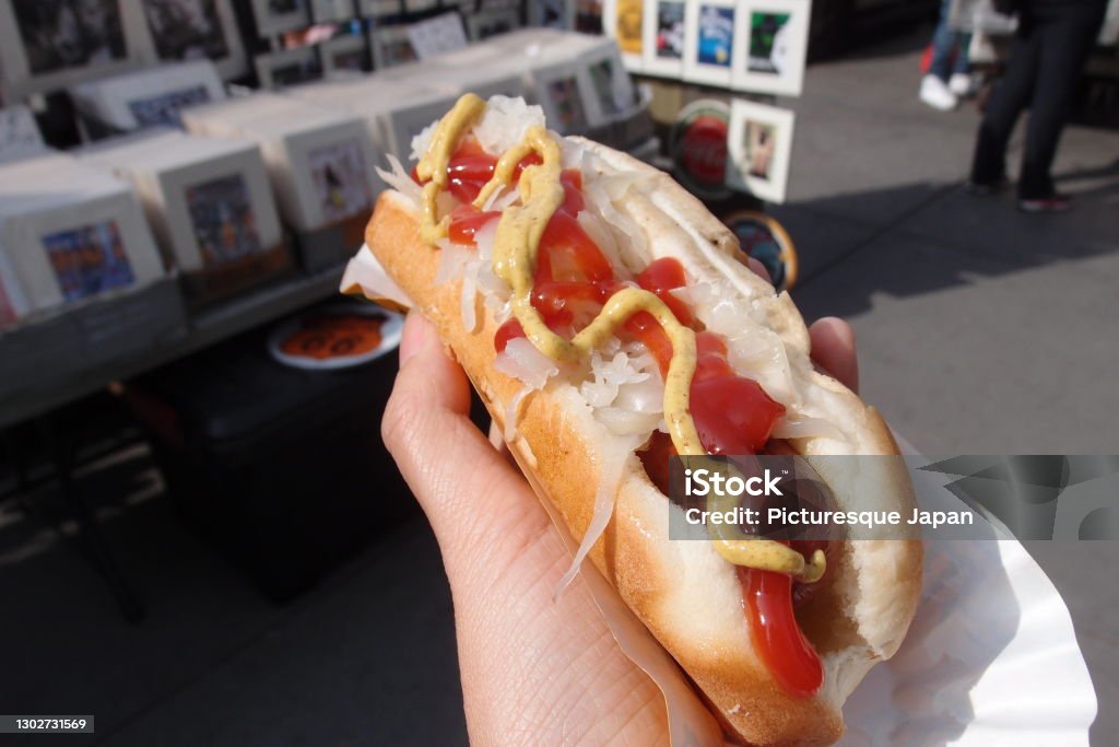 Close-up shot of a hotdog Close-up shot of a hotdog in New York, NY, USA. March 27, 2016. Hot Dog Stock Photo