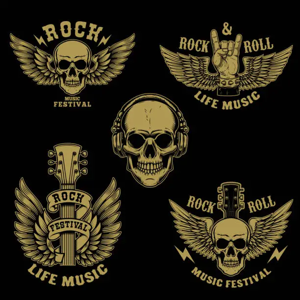 Vector illustration of Set of rock and roll emblems. Winged rock guitar. Design element for poster, card, banner, sign. Vector illustration