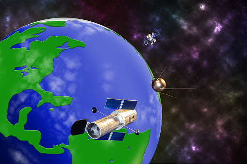 3d image illustration model communication satellite orbiting the earth in galaxy background