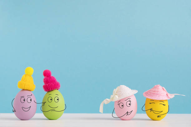 istock Easter holiday concept with cute eggs with funny faces. Different emotions and feelings. Guys want to meet girls 1302738433