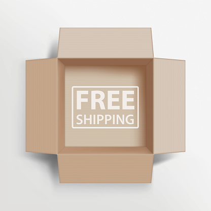 Opened cardboard box with an inscription Free Shipping. Vector illustration.