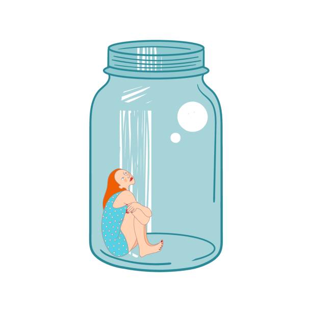 istock Girl in the glass jar. A metaphor for loneliness or quarantine. 1302738622