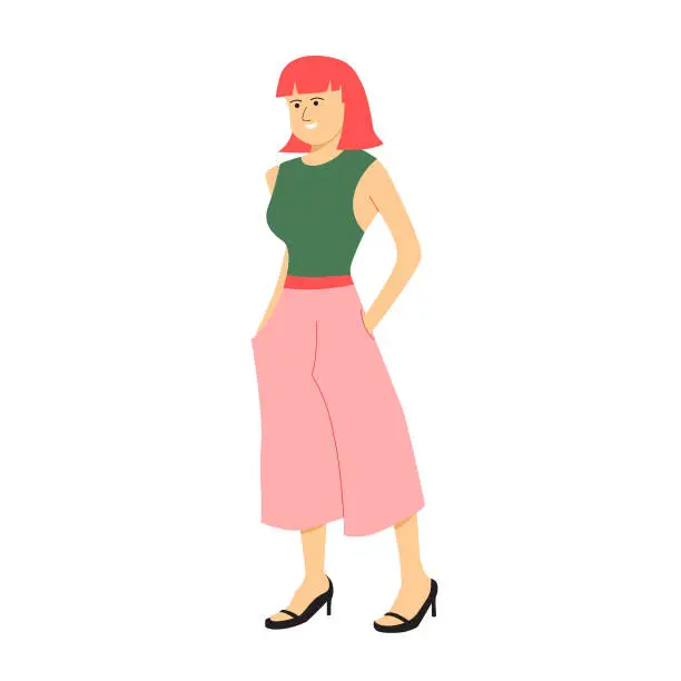 Vector illustration of Young woman stands in a stylish pose wearing sleeveless shirt with beautiful short red hair. Flat vector design character illustration with white background.