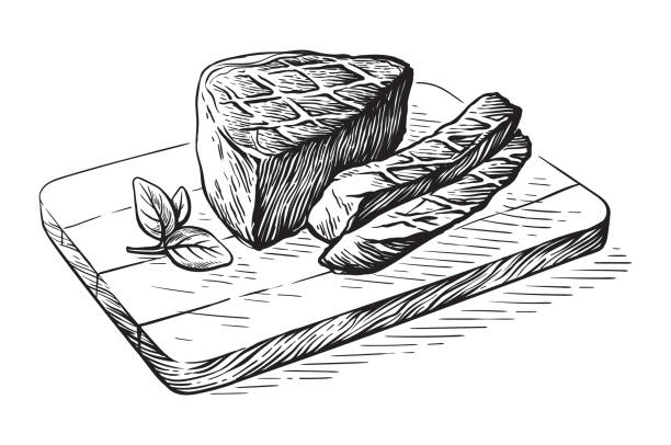 illustrations, cliparts, dessins animés et icônes de croquis dessiné à la main steak cru tranché sur la planche en bois avec vecteur d’herbes - filet mignon illustrations