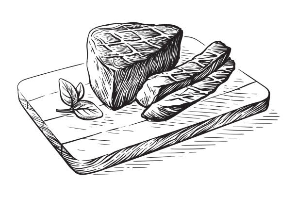 эскиз ручной обращается нарезанный сырой стейк на деревянной доске с травой вектор - filet mignon illustrations stock illustrations