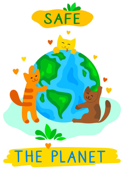 speichern sie den planeten flachen vektor banner. drei niedliche katzen umarmen den globus. katzen lieben die erde. happy earth day design für grußkarten, poster. cartoon-stil. haustiere mit dem globus auf einem weißen isoliert. - earth day banner placard green stock-grafiken, -clipart, -cartoons und -symbole