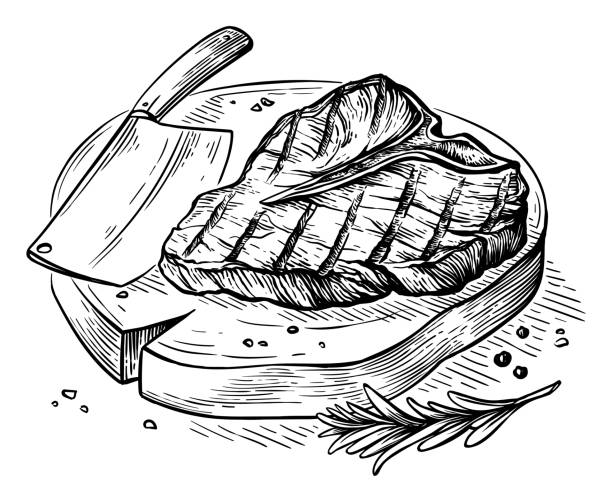 ilustrações de stock, clip art, desenhos animados e ícones de sketch hand drawn grilled steak t-bone on wooden board with axe vector - steak meat beef t bone steak