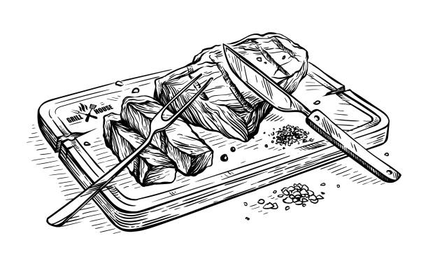 ilustraciones, imágenes clip art, dibujos animados e iconos de stock de dibuja a mano rebanada a la parrilla filete de toro striploin en tablero de madera con cuchillo y tenedor vector - cena ilustraciones