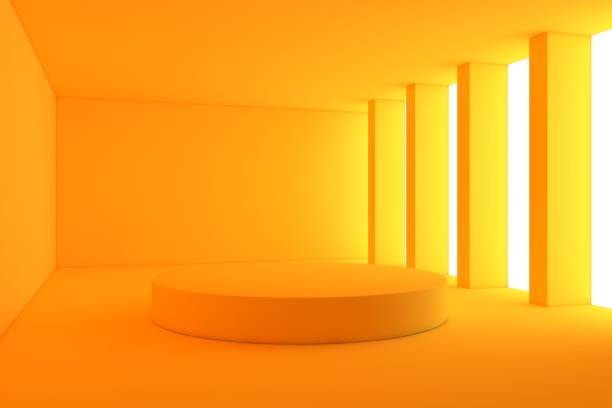 istock Abstract empty yellow hall interior with columns near window and empty stand 1302742524