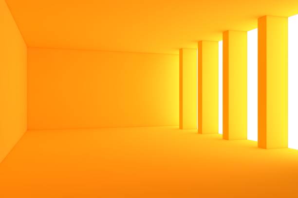 istock Abstract empty yellow hall interior with columns near window 1302742529