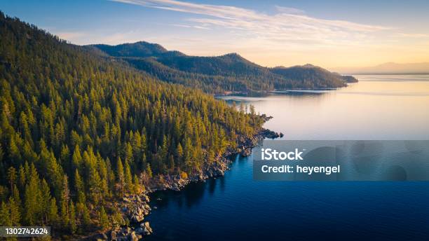 Aerial View Of Lake Tahoe Shoreline With Mountains And Turquoise Blue Waters Stock Photo - Download Image Now