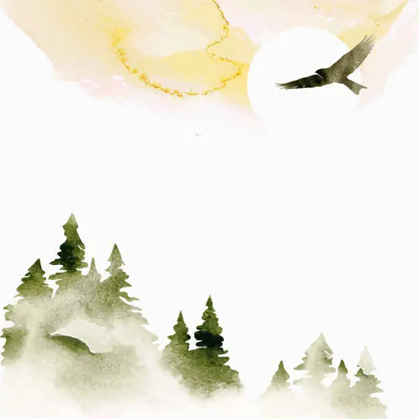 Vector illustration of Watercolor summer vector landscape in green, golden and white colors. Nature watercolor template. Forest, sun and eagle. Hand drawn frame with place for text or illustration.