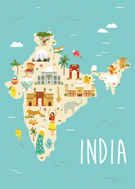 иллюстрированная карта индии с известными достопримечательностями, символами и животными. - india map cartoon cartography stock illustrations