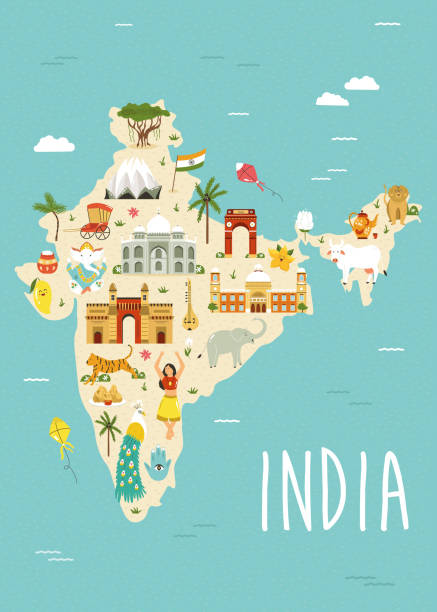 Illustrated map of India with famous landmarks, symbols and animals. Illustrated map of India with famous landmarks, symbols and animals. Vector design for tour guides, leaflets, books, souvenirs, travel posters. symbol of india stock illustrations