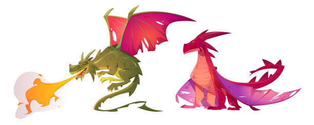 illustrazioni stock, clip art, cartoni animati e icone di tendenza di draghi fiabesco, creature magiche che respirano il fuoco - drago personaggio fantastico