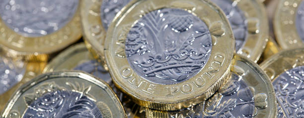 moneda británica - monedas de una libra en un formato de banner web - british coin fotografías e imágenes de stock