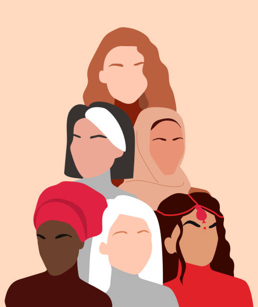 illustrazioni stock, clip art, cartoni animati e icone di tendenza di ritratto di diverse nazionalità e culture donna. ragazze in piedi insieme. ognuna per pari, amicizia femminile, solidarietà, sorellanza. poster orizzontale della giornata internazionale della donna. eps 10 - islam child indian culture ethnic