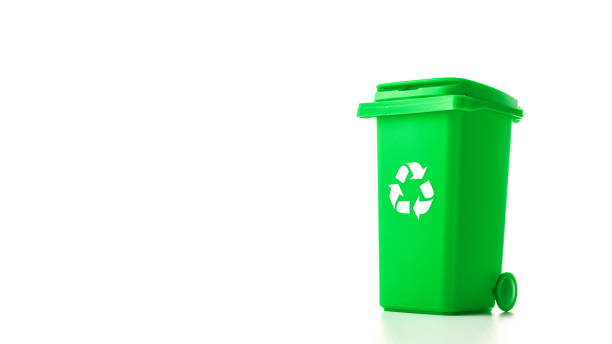 istock Trash recycle. Bin container for disposal garbage waste and save environment. Green dustbin for recycle glass can trash isolated on white background. 1302755493