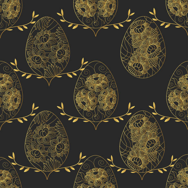 ilustrações de stock, clip art, desenhos animados e ícones de seamless pattern with golden easter eggs on a dark background. - easter leaf black shiny