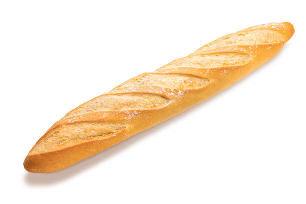 istock Freshly baked and crispy french bread stick. Isolated on white background Side view. 1302756538