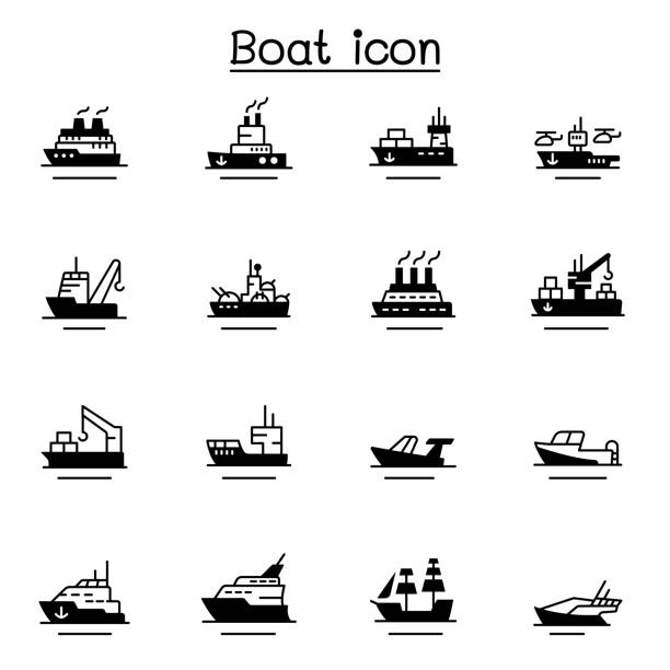 boot, schiff symbol gesetzt - dampfschiff stock-grafiken, -clipart, -cartoons und -symbole